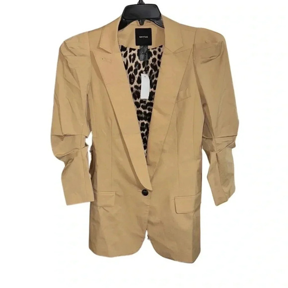 Smythe Khaki Chino Scrunch Sleeve Longline Blazer Size 2 - Picture 4 of 10